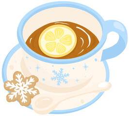 Cozy Winter Pastel – Lemon Tea with Snowflake Cookie – Cute Clipart