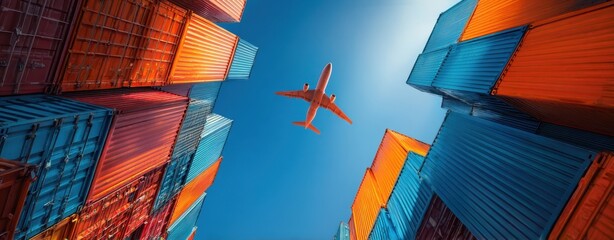 The Airplane Soaring Above Stacked Shipping Containers in Vivid Blue Sky