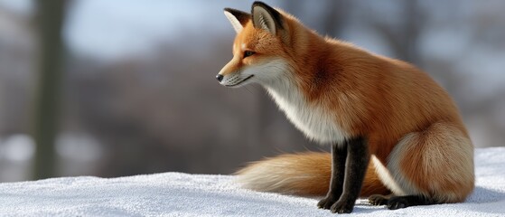 Obraz premium Fox sits quietly on a snowy surface, showcasing its vibrant orange fur against a blurred winter background in the early morning