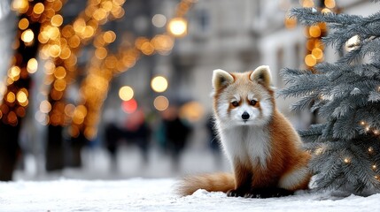 Obraz premium Winter scene with fox sitting by evergreen tree and festive lights in background