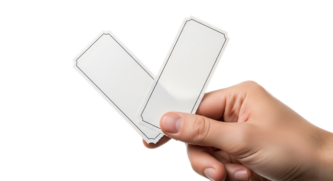 Hand holding two blank white price tags isolated on transparent background - Powered by Adobe