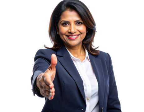 Middle-Aged Businesswoman Shaking Hands with Client, Friendly Front-Facing Pose, Transparent PNG