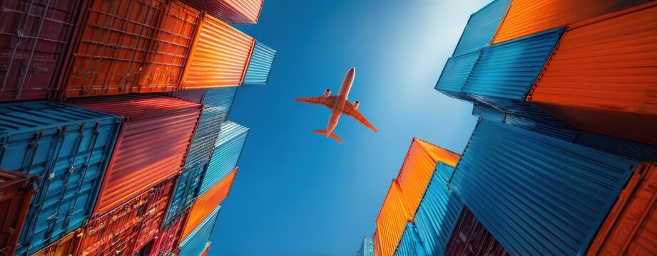 Fototapeta The Airplane Soaring Above Stacked Shipping Containers in Vivid Blue Sky