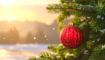 Red Christmas ornament on a snow-covered pine tree branch during golden hour.