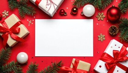 Festive Christmas flat lay with gift boxes ornaments and blank card for message.