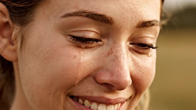 Close-up of a woman's face, closed eyes, tears of joy streaming down her cheeks