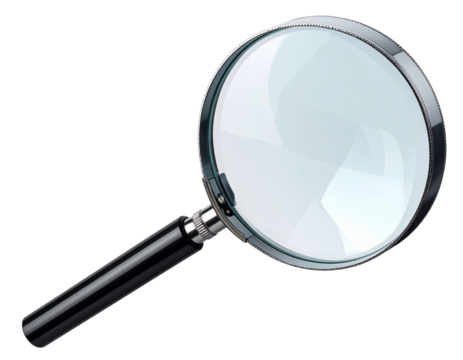 Magnifying Glass Tilted at Diagonal Angle with Light Reflection, Floating Style, High-Resolution PNG