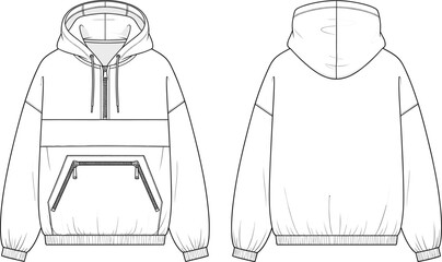 Technical flat sketch of an oversized anorak hoodie featuring a half-zip neckline and large front kangaroo pocket