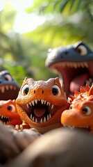 A group of cartoon dinosaurs with open mouths are shown in a close-up shot, surrounded by lush green foliage. The dinosaurs have large eyes and sharp teeth.