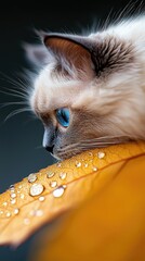 A close-up of a cat with blue eyes looking at a yellow leaf covered in water droplets. The image has a soft focus and a moody aesthetic.