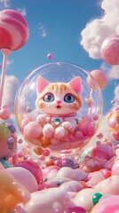 A cute cartoon cat wearing a spacesuit sits inside a glass bubble surrounded by pink candy and a blue sky with fluffy clouds. The image has a dreamy and whimsic
