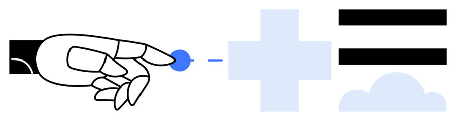 Obraz premium Robotic hand touching blue dot, plus sign, and cloud with equal bars. Ideal for innovation, AI, future tech, cloud computing, digital transformation connectivity teamwork. Simple flat metaphor