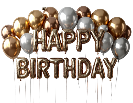 Metallic Balloon Garland with Floating 3D Glitter Birthday Text, Depth-Rich Perspective, Transparent PNG