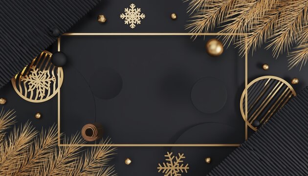 Festive winter celebration decoration indoor setting graphic design gold and black color palette close-up view elegant and luxurious holiday atmosphere