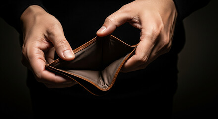 金欠、景気後退のメタファー、中身が空っぽの革財布を開く日本人男性の手