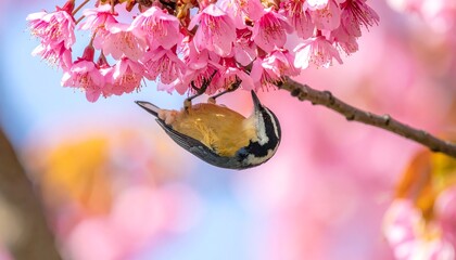 Bird clings upside down on cherry blossom, with blue sky peeking
