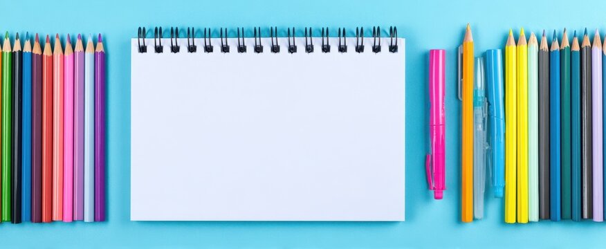 The Notebook Centered Between Rows of Colored Pencils and Markers on Blue Background