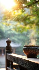 A ceramic bowl with steam sits on a wooden railing, with a blurred background of trees and sunlight. The scene is outdoors on a sunny day.