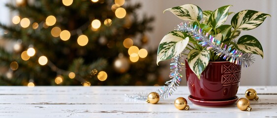 Christmas background with decorated houseplant and gold baubles on white wooden table. Blurred tree with bokeh lights. Panoramic holiday banner with copy space