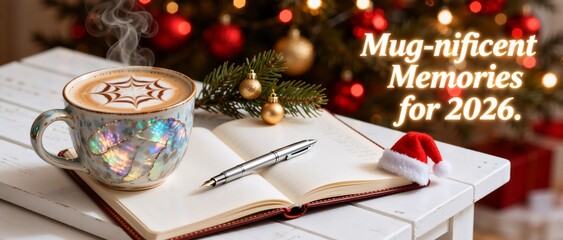 Steaming coffee mug and open notebook for 2026 New Year planning. Christmas holiday background with festive lights and text Mug-nificent Memories