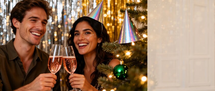 Happy couple celebrating New Year's Eve with champagne glasses. Man and woman wearing party hats toasting at a Christmas party. Panoramic banner with copy space - Powered by Adobe