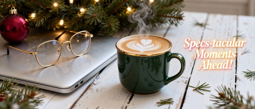 Christmas coffee break with latte art and eyeglasses on a laptop. Festive holiday background with pine tree and lights. Specs-tacular Moments Ahead text overlay - Powered by Adobe