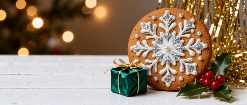 Christmas gingerbread cookie with snowflake icing and green gift box. Festive holiday banner on white wooden table with copy space