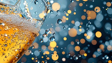 Close-up of champagne pouring into a glass, with bubbles and a bokeh background.