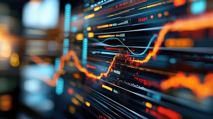 Close-up of a digital screen displaying financial data, with dynamic lines and a futuristic lighting scheme.