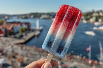 Refreshing Red White Blue Popsicle with Coastal City View