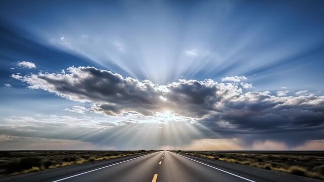 Long empty asphalt highway leading into the distance with a dramatic cloudy sky and strong sun rays breaking through, journey and success concept