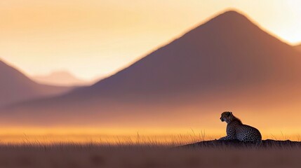 A cheetah rests on a small hill, silhouetted against a mountain range and a warm sunset.