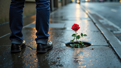 A single, perfect rose blooming defiantly through a crack in the concrete. A person paused on a rainy sidewalk. The reflection of the city lights shimmer on the wet. 