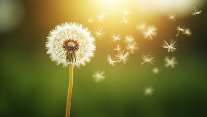 A macro image of a dandelion scattering in the wind, slow motion style.