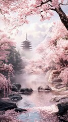 A tranquil scene of cherry blossom trees and a pagoda reflected in a lake, with a soft, dreamy atmosphere.