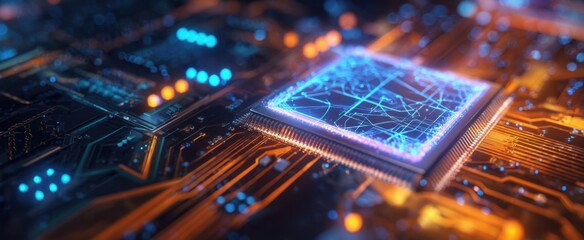 The Microprocessor Illuminated on Futuristic Circuit Board with Neural Network Lines