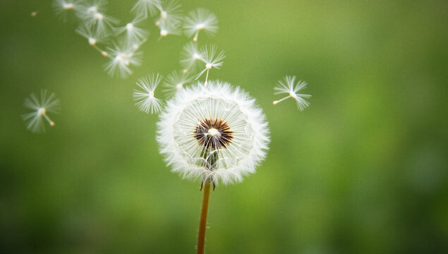 A macro image of a dandelion scattering in the wind, slow motion style.
