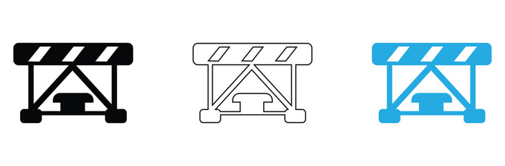 Road construction barrier icons for safety and traffic control, available in black, outline, and blue to mark danger zones and construction areas