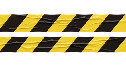 Realistic yellow and black hazard tape texture isolated on transparent background