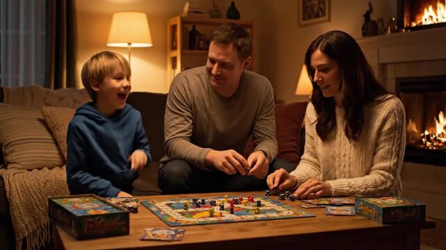 Happy family playing board game together in cozy living room at home