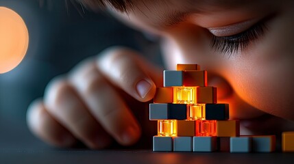 A child is carefully examining a pyramid of glowing blocks indoors, illuminated by warm, soft lighting.