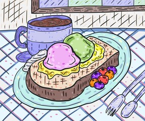 bread with ice cream on top and coffee doodle color illustration