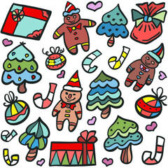 gingerbread and christmas set doodle color illustration