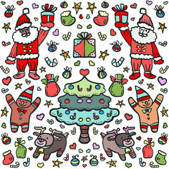 Santa Claus and Christmas set doodle color illustration