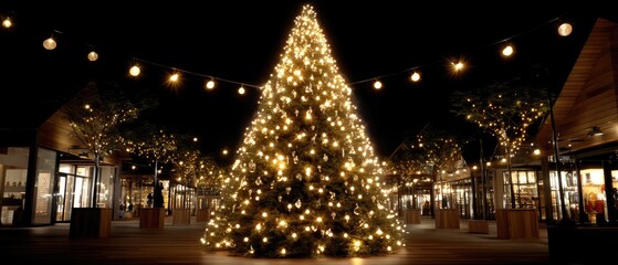 Brightly lit Christmas tree in a festive outdoor shopping area at night creating a warm holiday atmosphere with cheerful decorations and string lights