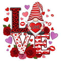 Romantic Gnome Valentine's Day Design: Cute Gnome Holding a Heart Surrounded by Red Roses and Patterned LOVE Letters