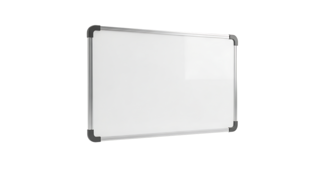 Blank square whiteboard with silver frame isolated on transparent background