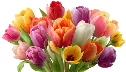 beautiful bouquet of tulips on a transparent background, cutout as a png file with no shadows and a white border for easy editing