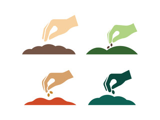 Hand sowing seeds into soil agriculture and gardening flat vector icons set