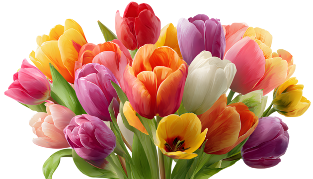 beautiful bouquet of tulips on a transparent background, cutout as a png file with no shadows and a white border for easy editing